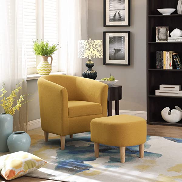 DAZONE Modern Accent Chair, Upholstered Arm Chair Linen Fabric Single Sofa Chair with Ottoman Foot Rest Mustard Yellow Comfy Armchair for Living Room Bedroom Small Spaces Apartment Office Yellow With Ottoman